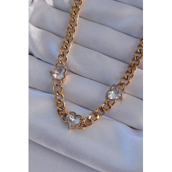 316L Çelik Gold Renk Zirkon Taşlı Kalp Model Zincir Kolye