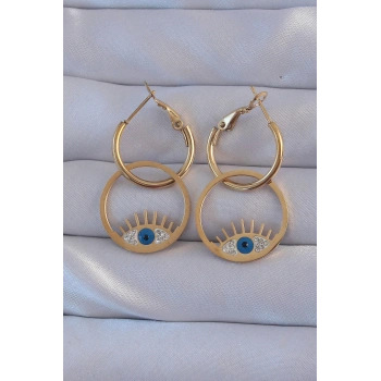 316L Çelik Gold Renk Zirkon Taşlı Mavi Göz Tasarımlı Halka Küpe