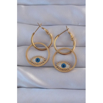 316L Çelik Gold Renk Zirkon Taşlı Mavi Göz Tasarımlı Halka Küpe