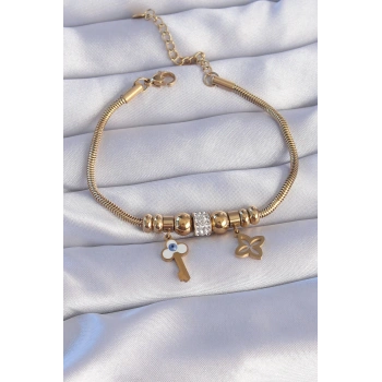 316L Çelik Gold Renk Zirkon Taşlı Yonca Detay Nazarlı Anahtar Tasarımlı Bileklik