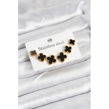 316L Çelik Gold Siyah Renk 3 Boy Yonca Küpe Seti