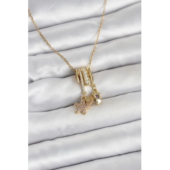 316L Çelik Gold Zirkon Taşlı Deniz Tema Charmlı Kadın Kolye