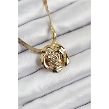 316L Çelik Gül Figürlü İtalyan Zincir Model Gold Renk Kadın Kolye
