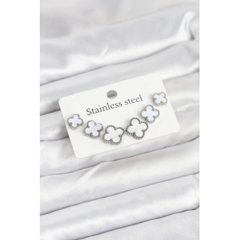 316L Çelik Gümüş Beyaz Renk 3 Boy Yonca Küpe Seti