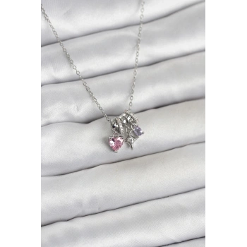 316L Çelik Gümüş Pembe Zirkon Taşlı Charmlı Kadın Kolye