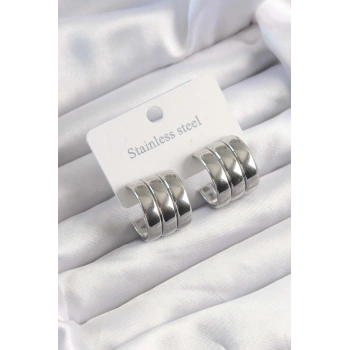 316L Çelik Gümüş Renk 3lü Görünüm Bombe Model Yarım Halka Küpe