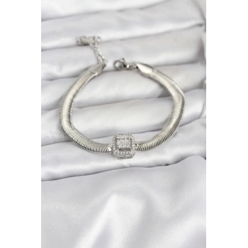 316L Çelik Gümüş Renk Baget Zirkon Taşlı Yılan Zincirli Kadın Bileklik