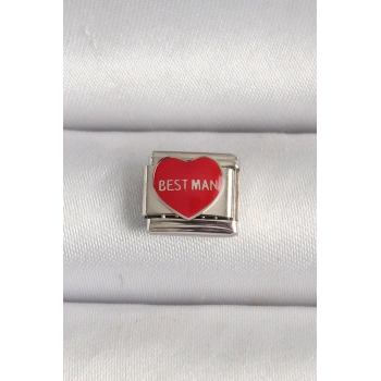 316L Çelik Gümüş Renk Best Man Yazılı Kırmızı Kalp İşlemeli Nomination Charm