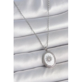 316L Çelik Gümüş Renk Beyaz Mineli Güneş İşlemeli Nazar Boncuk Detay Madalyon Model Kadın Kolye