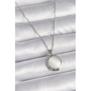 316L Çelik Gümüş Renk Beyaz Sedefli Daire Model Kadın Kolye
