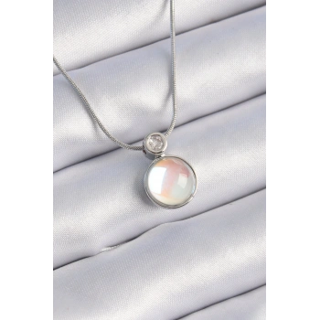 316L Çelik Gümüş Renk Beyaz Sedefli Vintage Model Kadın Kolye