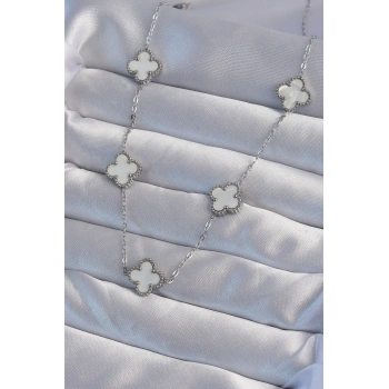 316L Çelik Gümüş Renk Beyaz Sedefli Yonca Kolye