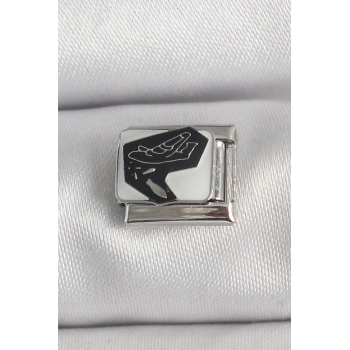 316L Çelik Gümüş Renk Beyaz Siyah Uçak İşlemeli Portre Model Nomination Charm