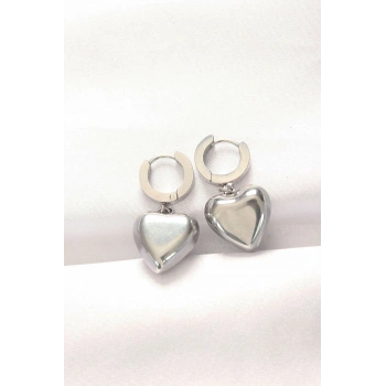 316L Çelik Gümüş Renk Bombeli Kalp Tasarımlı Küpe