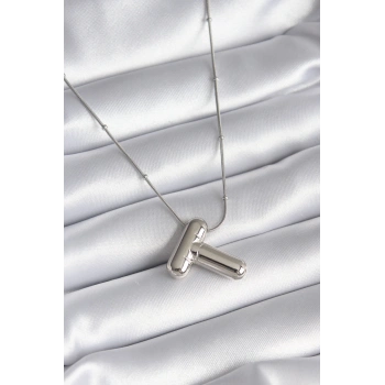 316L Çelik Gümüş Renk Bubble T Harf Model Kadın Kolye