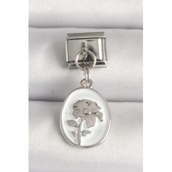 316L Çelik Gümüş Renk Çiçek İşlemeli Beyaz Portre Model Nomination Charm