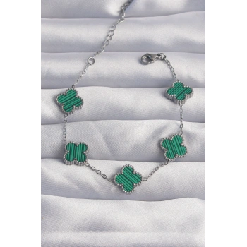 316L Çelik Gümüş Renk Çizgili Yeşil Mineli Yonca Bileklik