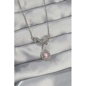 316L Çelik Gümüş Renk Fiyonk Detay Pembe Zirkon Taşlı Tektaş Kolye