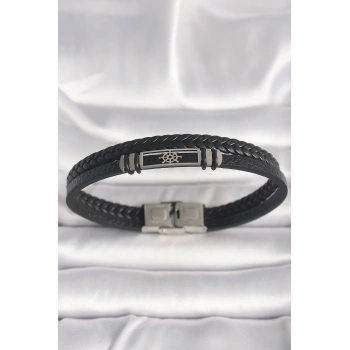 316L Çelik Gümüş Renk Gemi Dümeni Figür Siyah Burgu Deri Kordon Model Erkek Bileklik