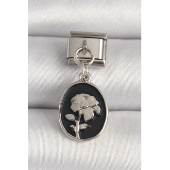 316L Çelik Gümüş Renk Gümüş Çiçek İşlemeli Siyah Portre Model Nomination Charm