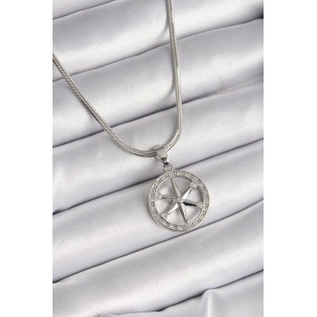 316L Çelik Gümüş Renk İtalyan Zincir Zirkon Taşlı Kutup Yıldız Model Kadın Kolye