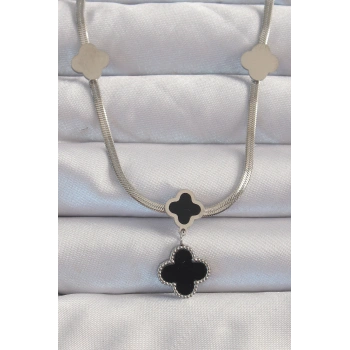 316L Çelik Gümüş Renk İtalyan Zincirli Mineli Yonca Kolye