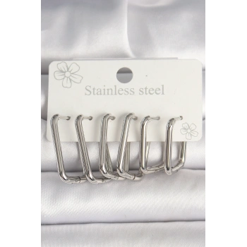 316L Çelik Gümüş Renk Kare Model Kadın Küpe Seti