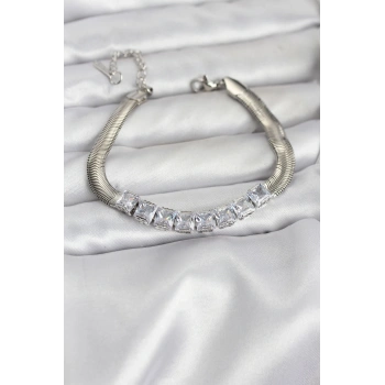 316L Çelik Gümüş Renk Kare Zirkon Taşlı Yılan Zincirli Kadın Bileklik
