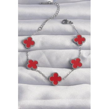 316L Çelik Gümüş Renk Kırmızı Mineli Yonca Bileklik