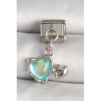 316L Çelik Gümüş Renk Mavi Mineli Kalp Model Nomination Charm