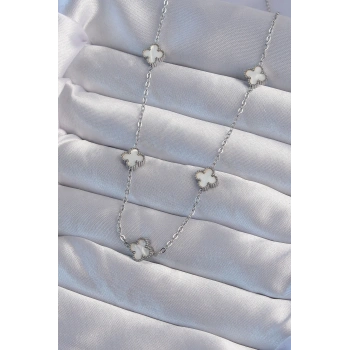 316L Çelik Gümüş Renk Minimal Beyaz Sedefli Yonca Kolye