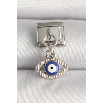 316L Çelik Gümüş Renk Nazar Boncuk Detaylı Göz Model Nomination Charm