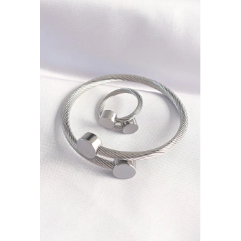 316L Çelik Gümüş Renk Oval Aksesuarlı Burgu Model Bileklik ve Yüzük Kombini