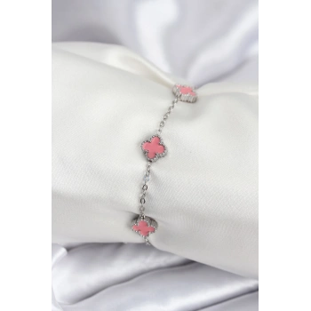 316L Çelik Gümüş Renk Pembe Baby Boy Yonca Kadın Bileklik