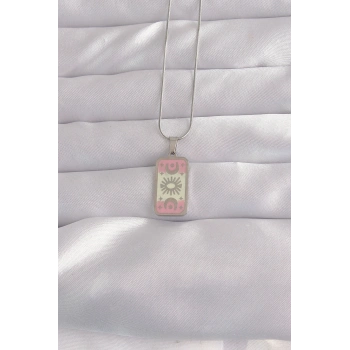 316L Çelik Gümüş Renk Pembe Mineli Ay Figür Tarot Kolye