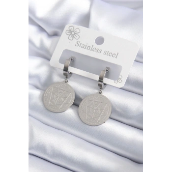 316L Çelik Gümüş Renk Pentagram İşleme Model Kadın Küpe