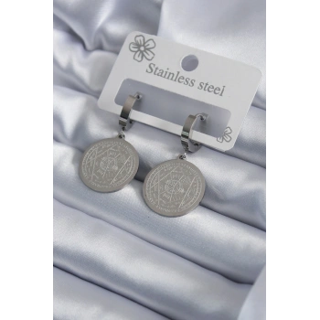 316L Çelik Gümüş Renk Pentagram Yıldızı İşleme Kadın Küpe