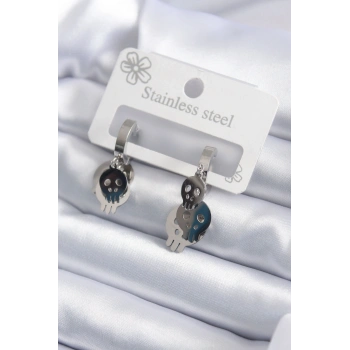 316L Çelik Gümüş Renk Sallantı Kuru Kafa Model Kadın Küpe