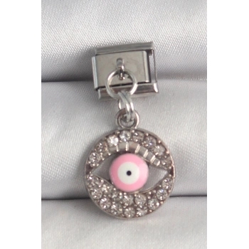 316L Çelik Gümüş Renk Sallantı Zirkon Taşlı Pembe Göz Model Nomination Charm