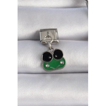 316L Çelik Gümüş Renk Sallantılı Yeşil Kurbağa Figür Nomination Charm