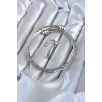 316L Çelik Gümüş Renk Sarmal Model Erkek Bileklik Yüzük Kombini