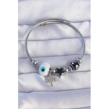 316L Çelik Gümüş Renk Siyah Zirkon Taşlı Yıldız Tasarımlı Ağaç Detay Nazarlı Charm Bileklik