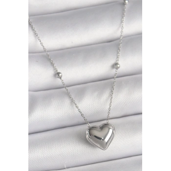 316L Çelik Gümüş Renk Topçuk Detay Zincir Kalp Model Kadın Kolye