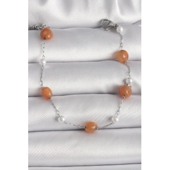 316L Çelik Gümüş Renk Turuncu Doğaltaş Model İnci Detay Kadın Bileklik