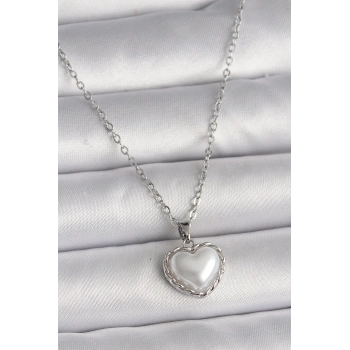 316L Çelik Gümüş Renk Zincir 3D İnci Kalp Model Kadın Kolye