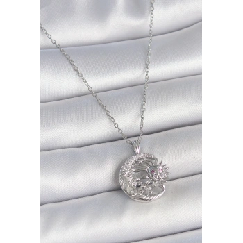 316L Çelik Gümüş Renk Zincir Ay Güneş Model Zirkon Taş Detay Kadın Kolye