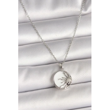 316L Çelik Gümüş Renk Zincir Beyaz Mineli Gün Batımı Model Kadın Kolye