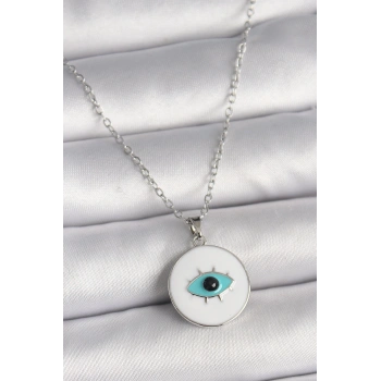 316L Çelik Gümüş Renk Zincir Beyaz Mineli Turkuaz Göz İşleme Model Kadın Kolye