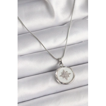 316L Çelik Gümüş Renk Zincir Beyaz Sedefli Zirkon Taşlı Yıldız İşleme Model Kadın Kolye