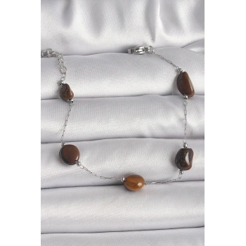 316L Çelik Gümüş Renk Zincir Kahverengi Doğaltaş Model Kadın Bileklik